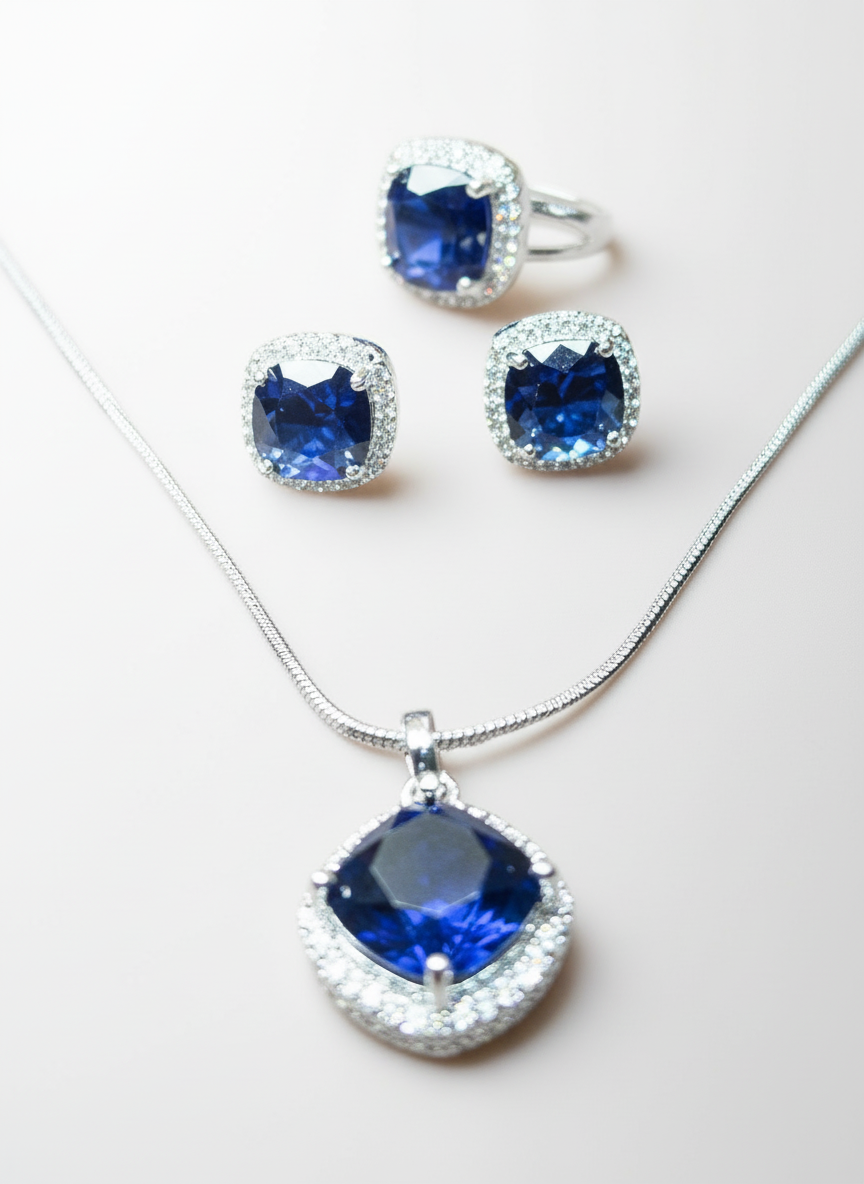 Blue Sapphire and AD Pendant Set