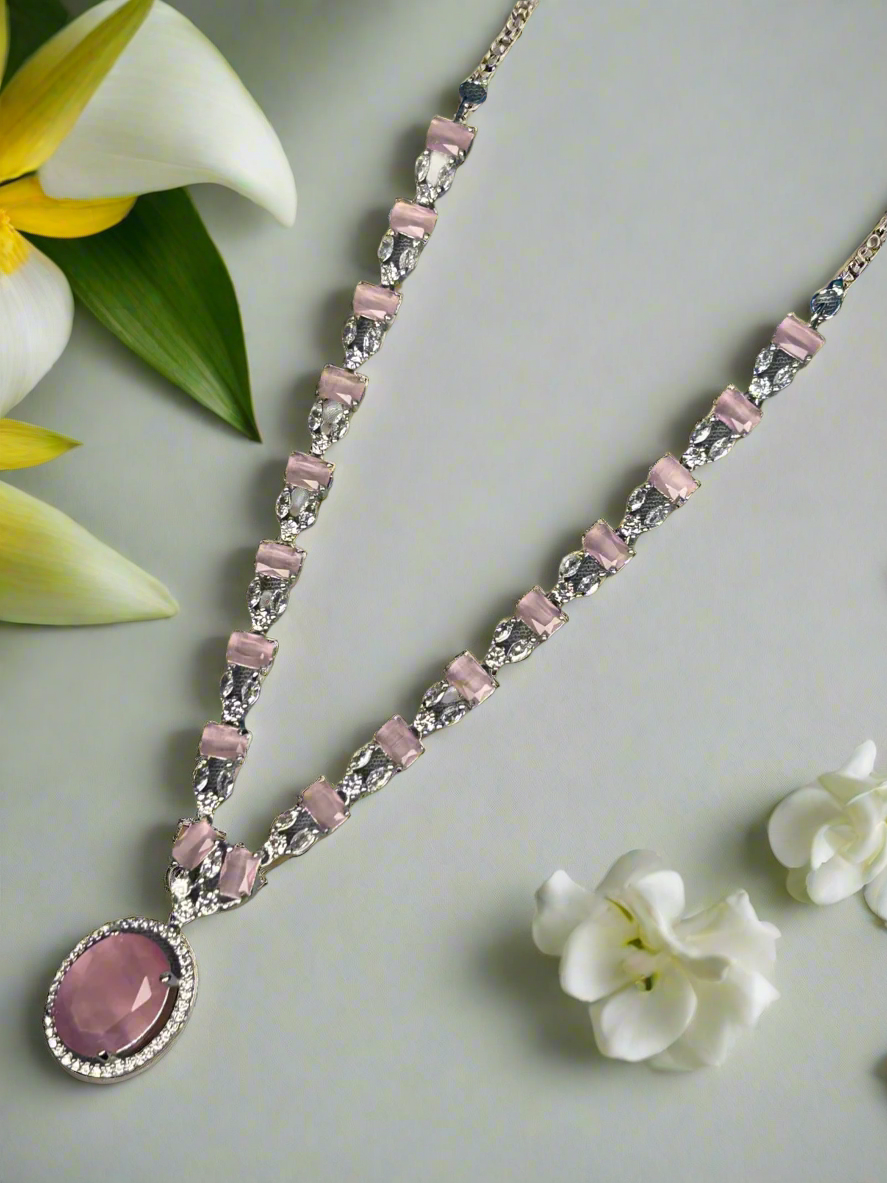 Pink Quartz and AD Necklace Set