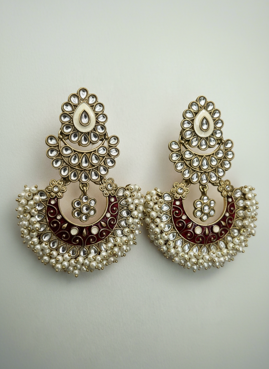 Kundan and Pearls Chandbali Earrings