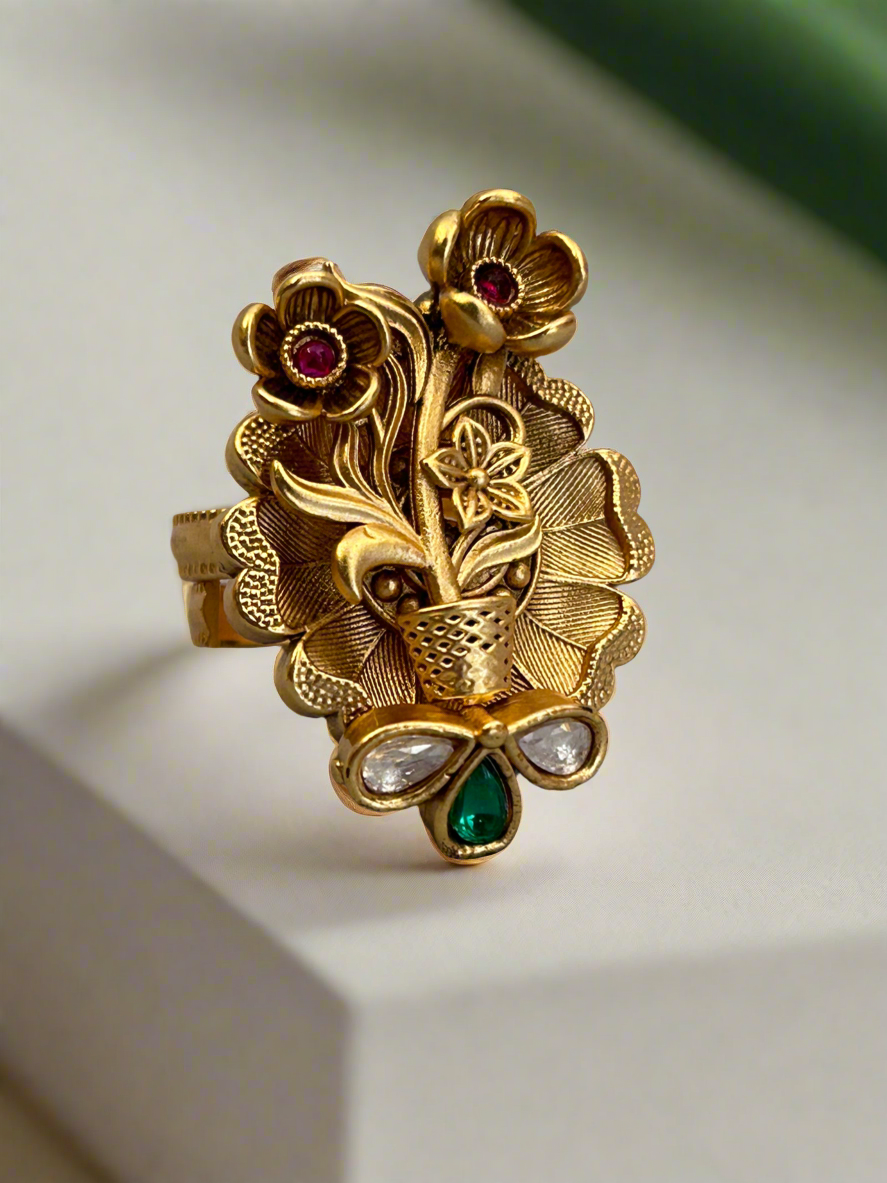 Gold Flower Pot Ring with Diamond and Colour Stones