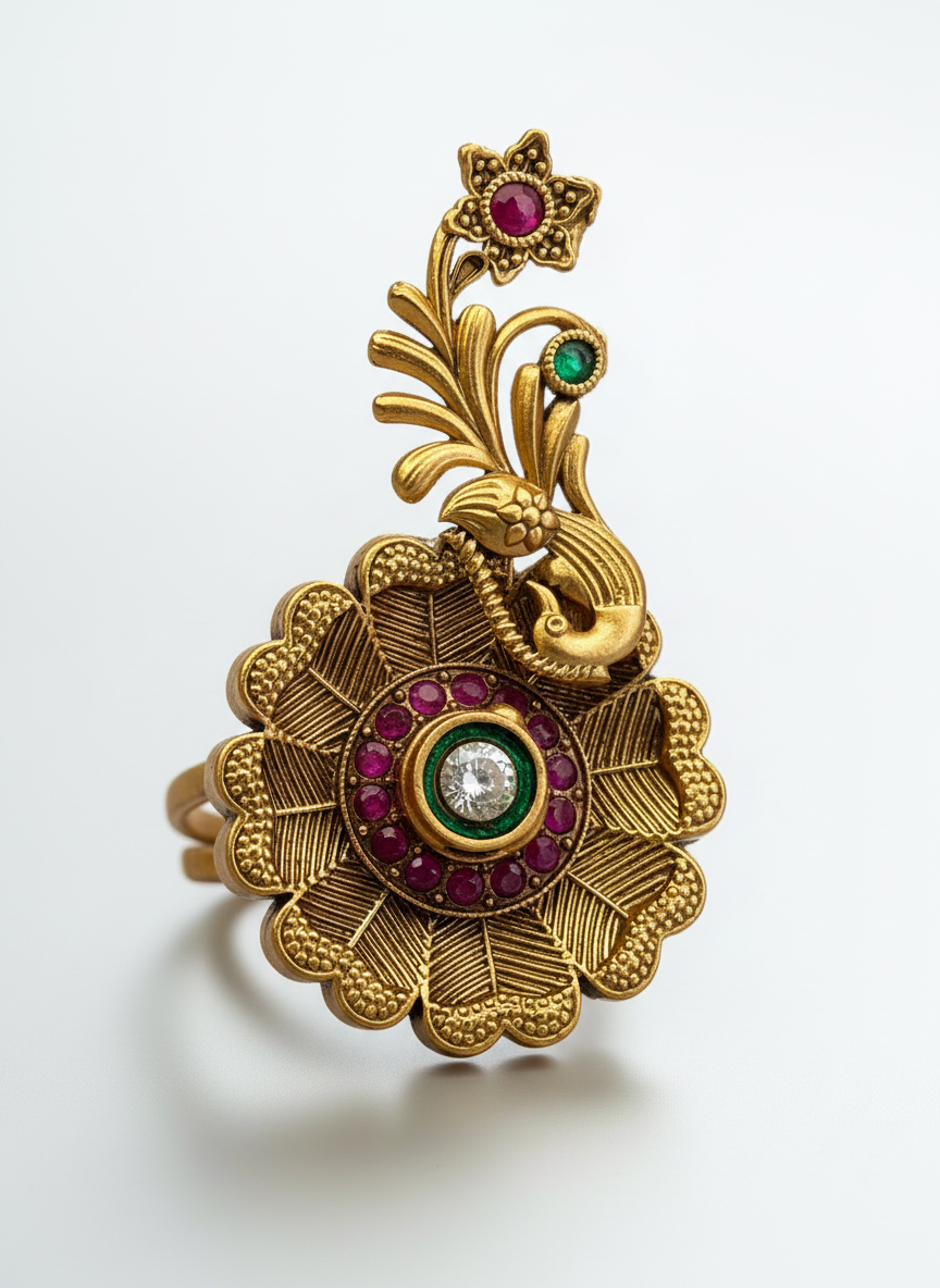 Designer Gold Ring with Uncut Diamond and Cluster Rubies