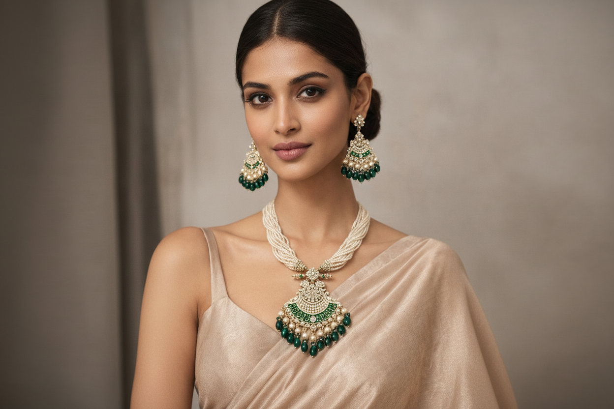 Ten Lines Pearl Beads and Gold Plated Long Necklace Set