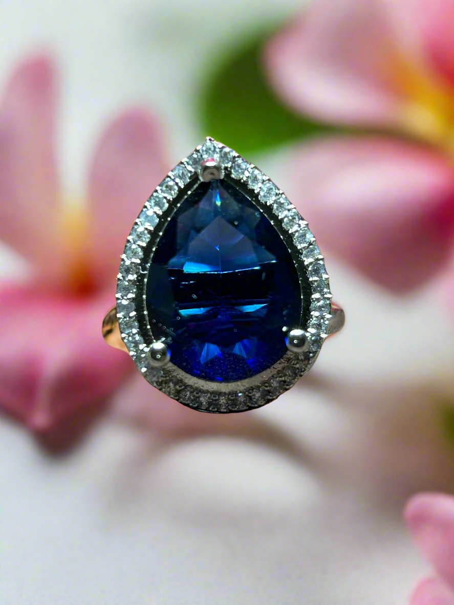 Tear Drop Cluster AD and Blue Sapphire Ring