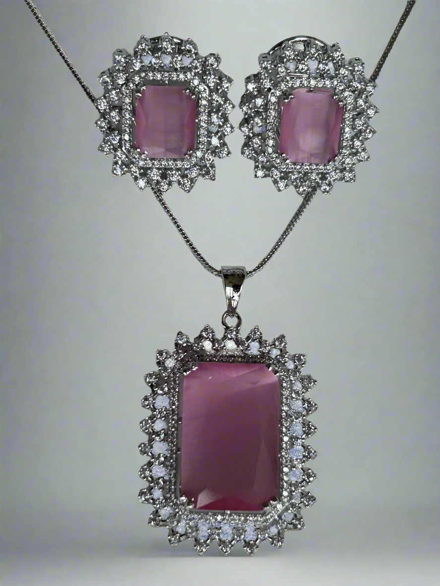 Bold Pink Quartz and AD Pendant Set
