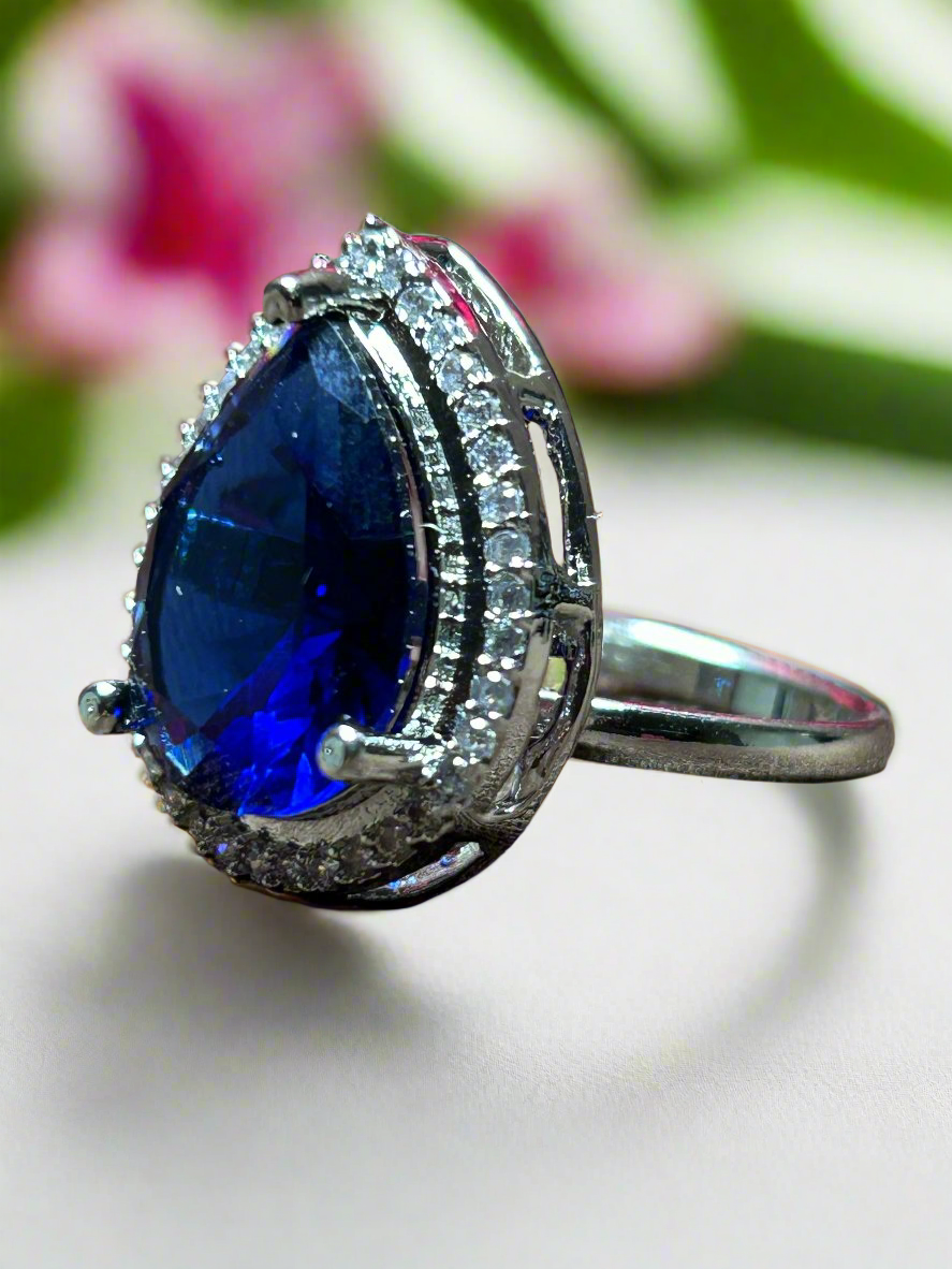 Tear Drop Cluster AD and Blue Sapphire Ring