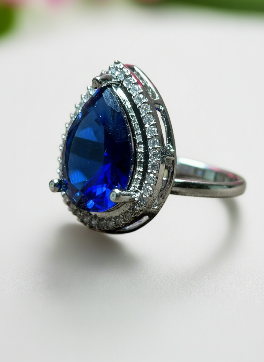 Tear Drop Cluster AD and Blue Sapphire Ring