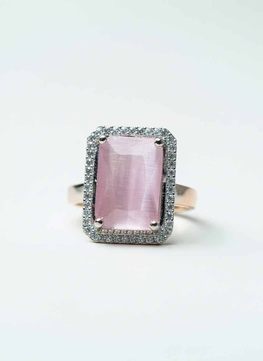 Pink Quartz Ring with Cluster AD