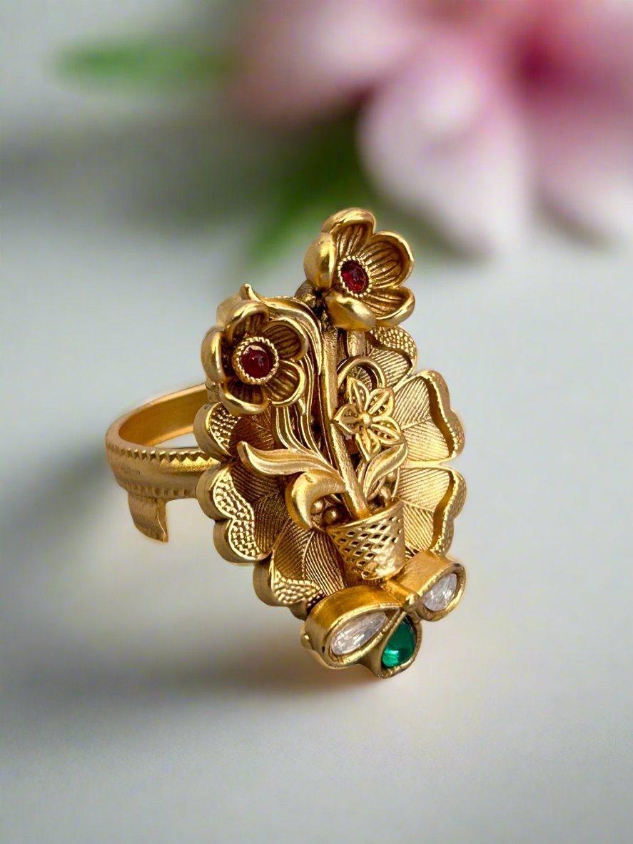 Gold Flower Pot Ring with Diamond and Colour Stones