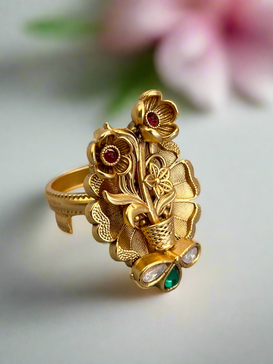 Gold Flower Pot Ring with Diamond and Colour Stones