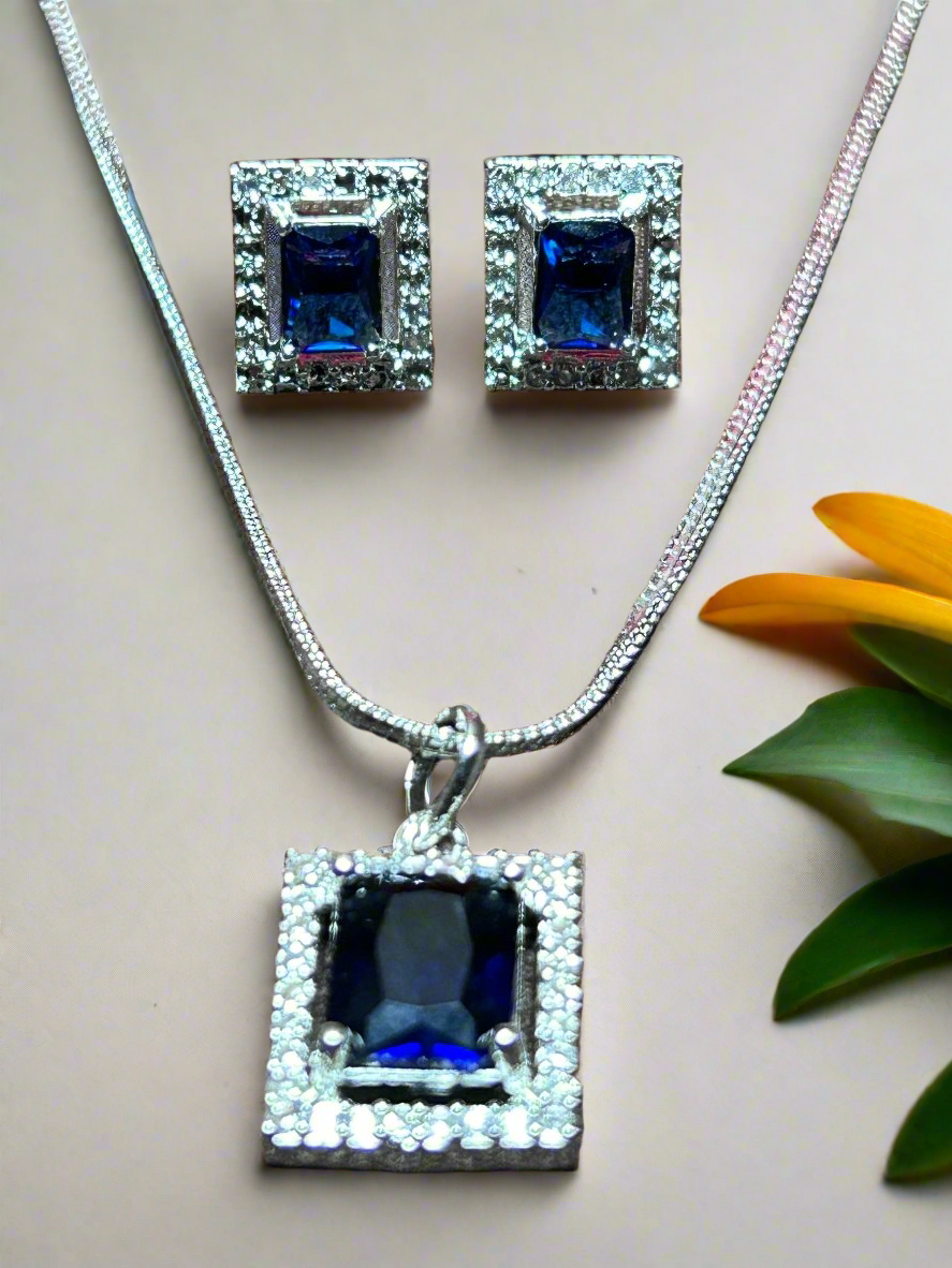 Blue Sapphire and AD Pendant Set