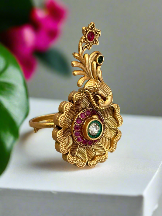 Designer Gold Ring with Uncut Diamond and Cluster Rubies