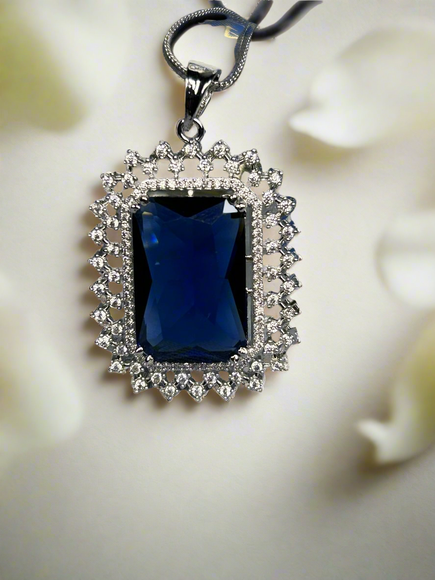 Bold Blue Sapphire and AD Pendant Set