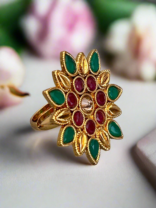Gold Flower Ring with Ruby and Emerald