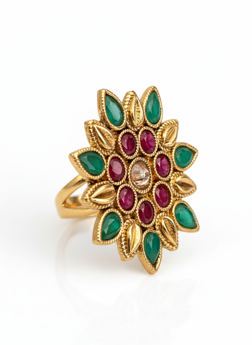 Gold Flower Ring with Ruby and Emerald