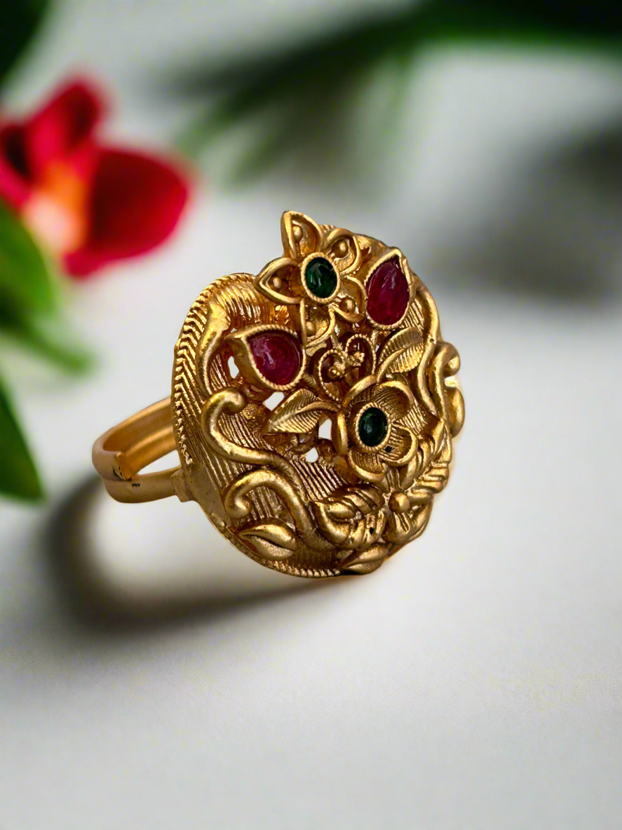 Gold Flower Plant Rings with Ruby & Emerald
