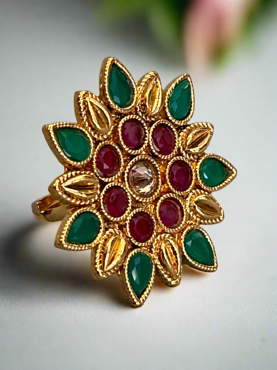 Gold Flower Ring with Ruby and Emerald