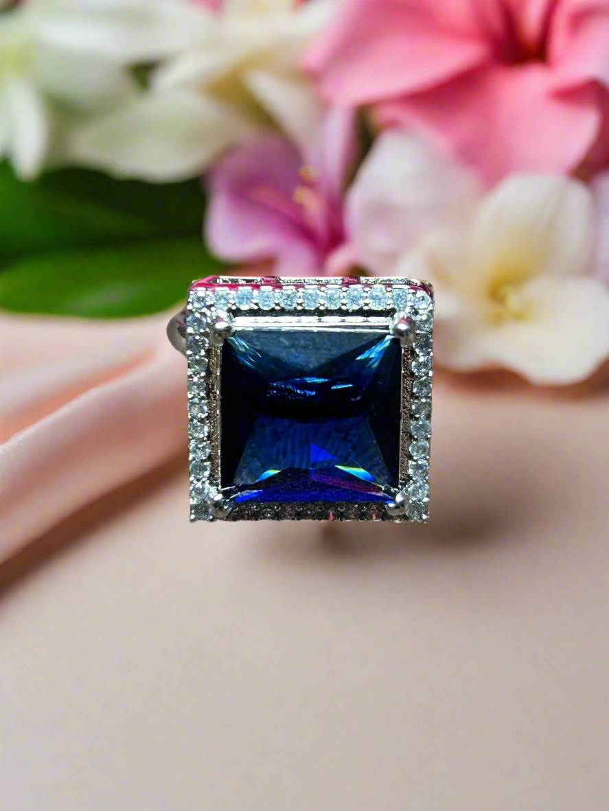 Square Blue Sapphire and Cluster AD Ring