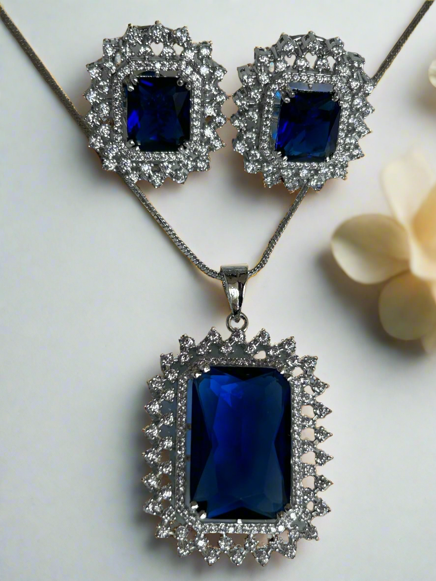 Bold Blue Sapphire and AD Pendant Set