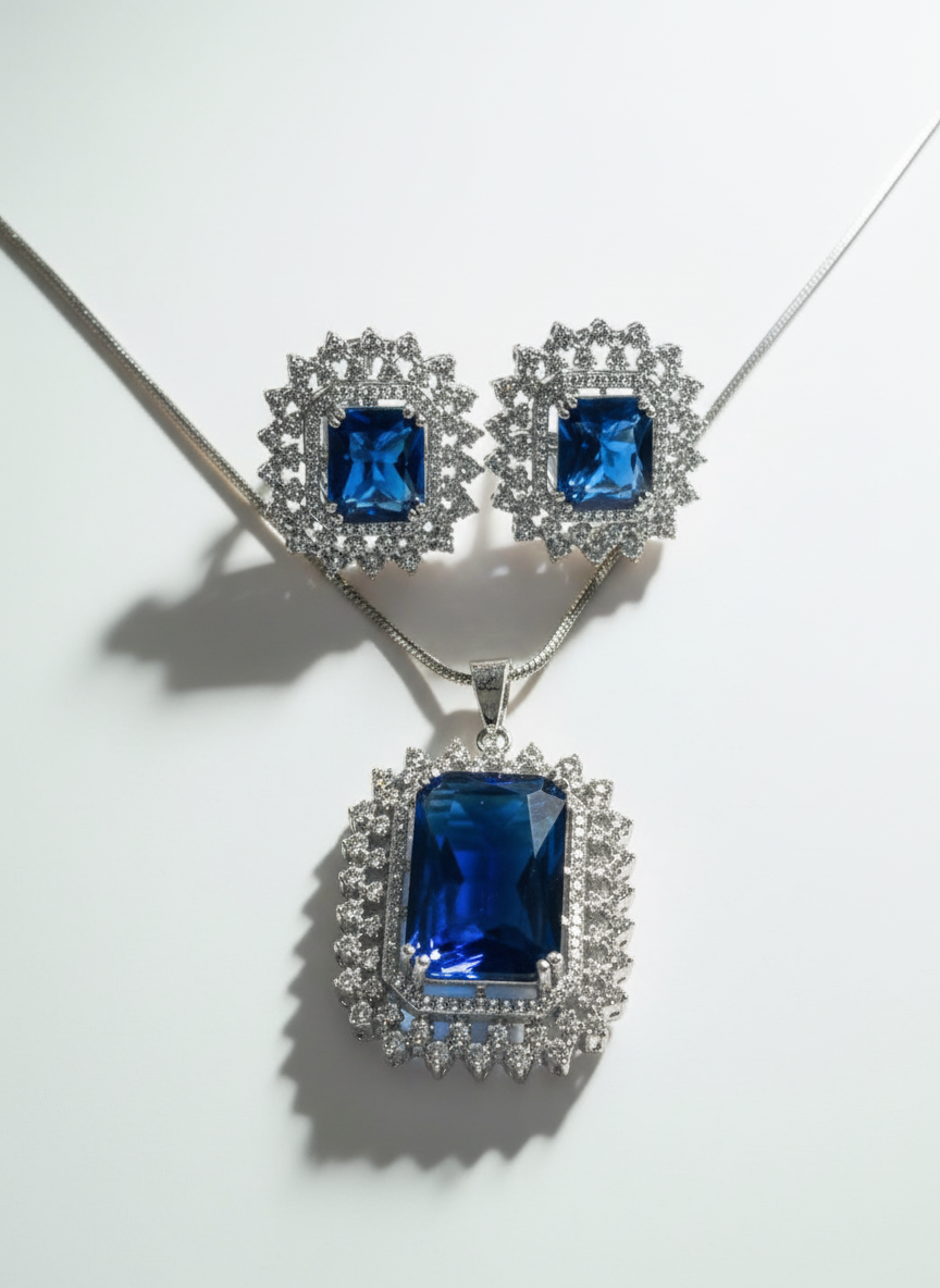 Bold Blue Sapphire and AD Pendant Set