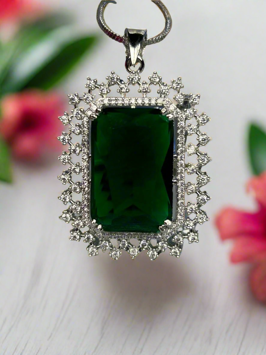 Bold Green Emerald and AD Pendant Set