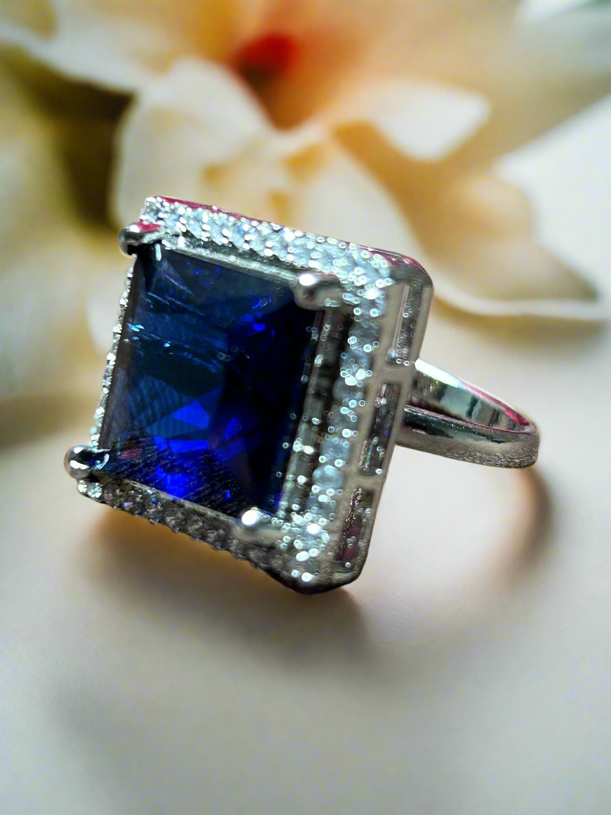 Square Blue Sapphire and Cluster AD Ring