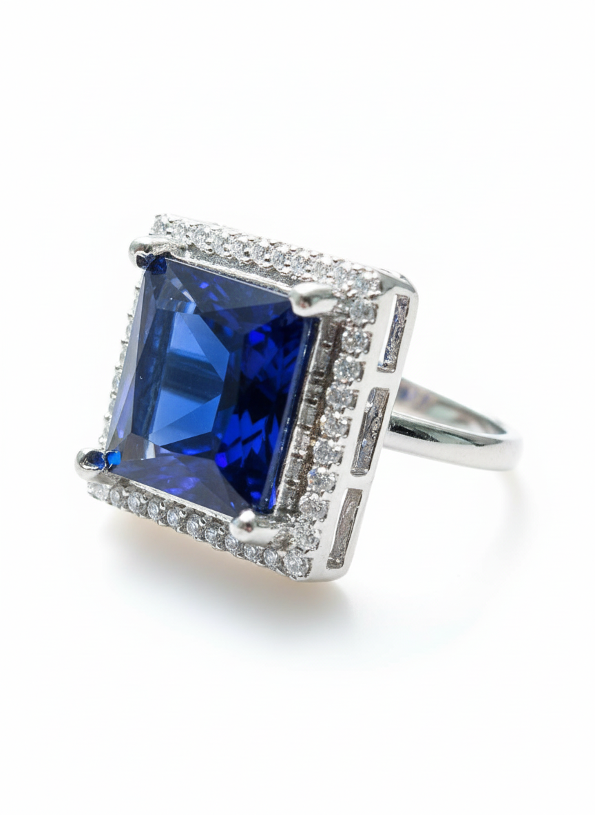 Square Blue Sapphire and Cluster AD Ring