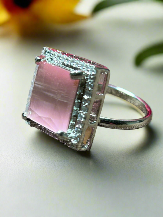 Square Pink Quartz Ring with Cluster AD