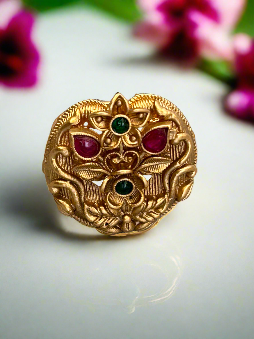 Gold Flower Plant Rings with Ruby & Emerald