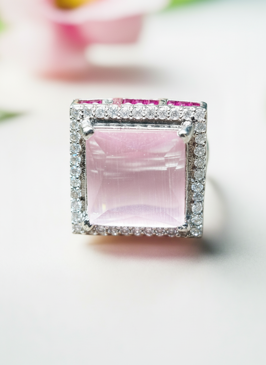 Square Pink Quartz Ring with Cluster AD
