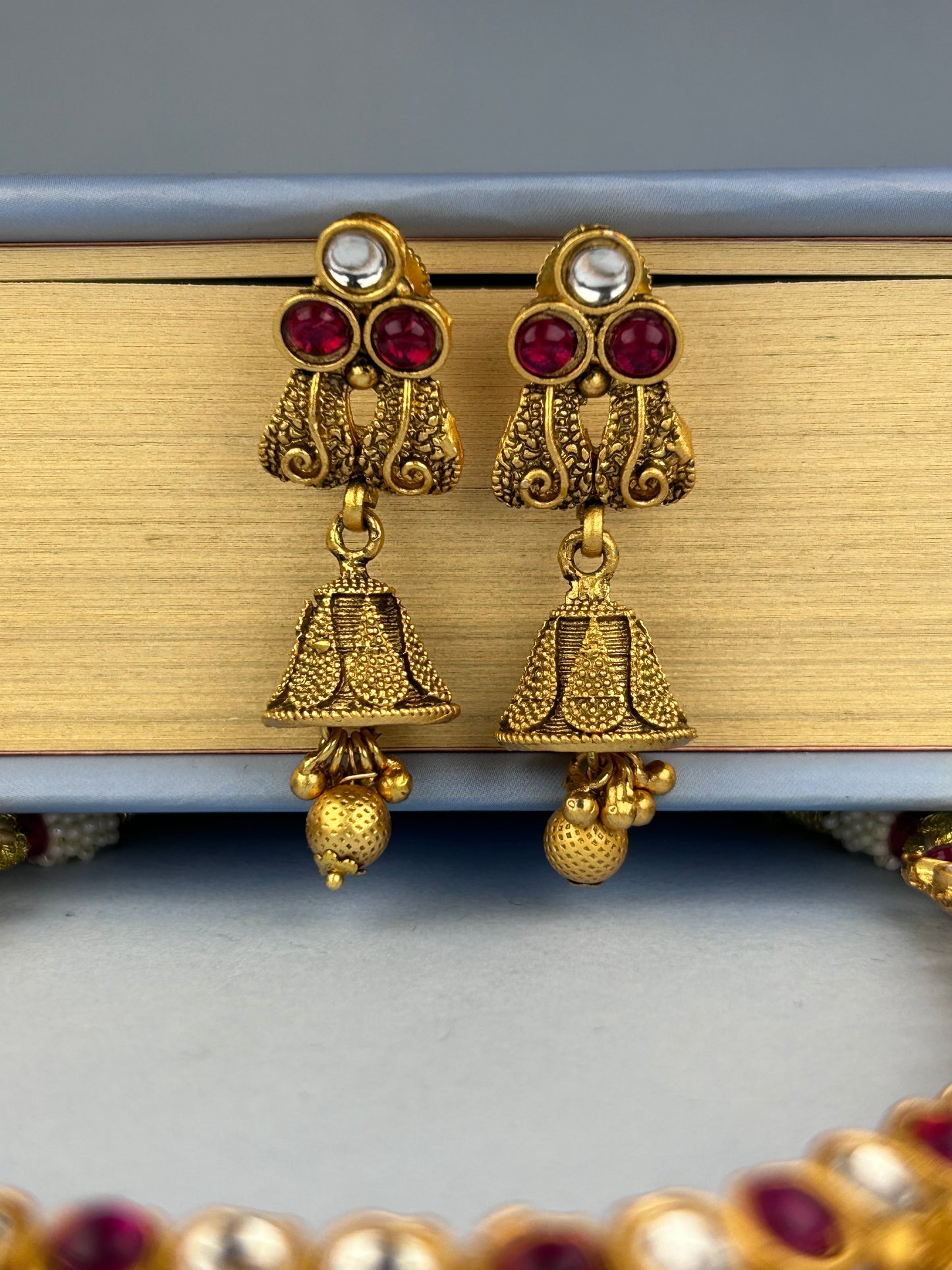 Antique Tribal Art Inspired Necklace Set with Ruby, Uncut AD and Bell Earrings