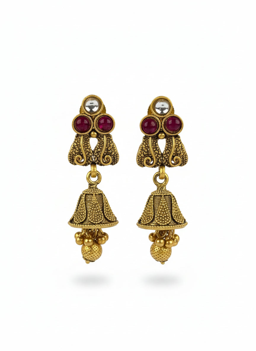 Antique Tribal Art Inspired Necklace Set with Ruby, Uncut AD and Bell Earrings