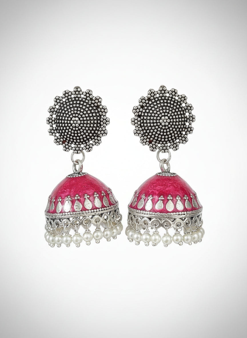 Antique Pink Silver Plated Jhumkas