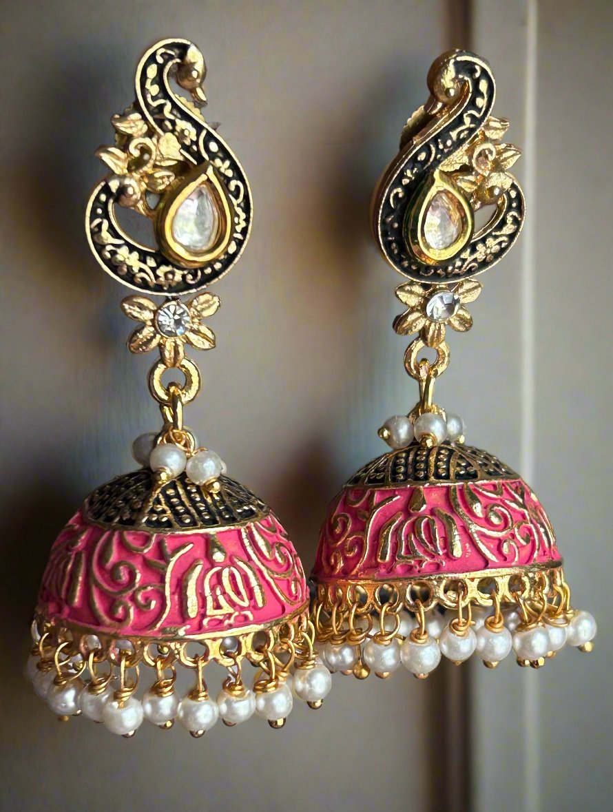 Meenakari jhumkis with Polki and Cluster Pearls