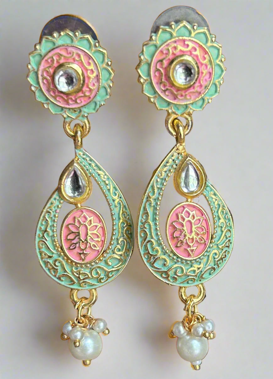 Pink and Green Meenakari Dangler Earrings