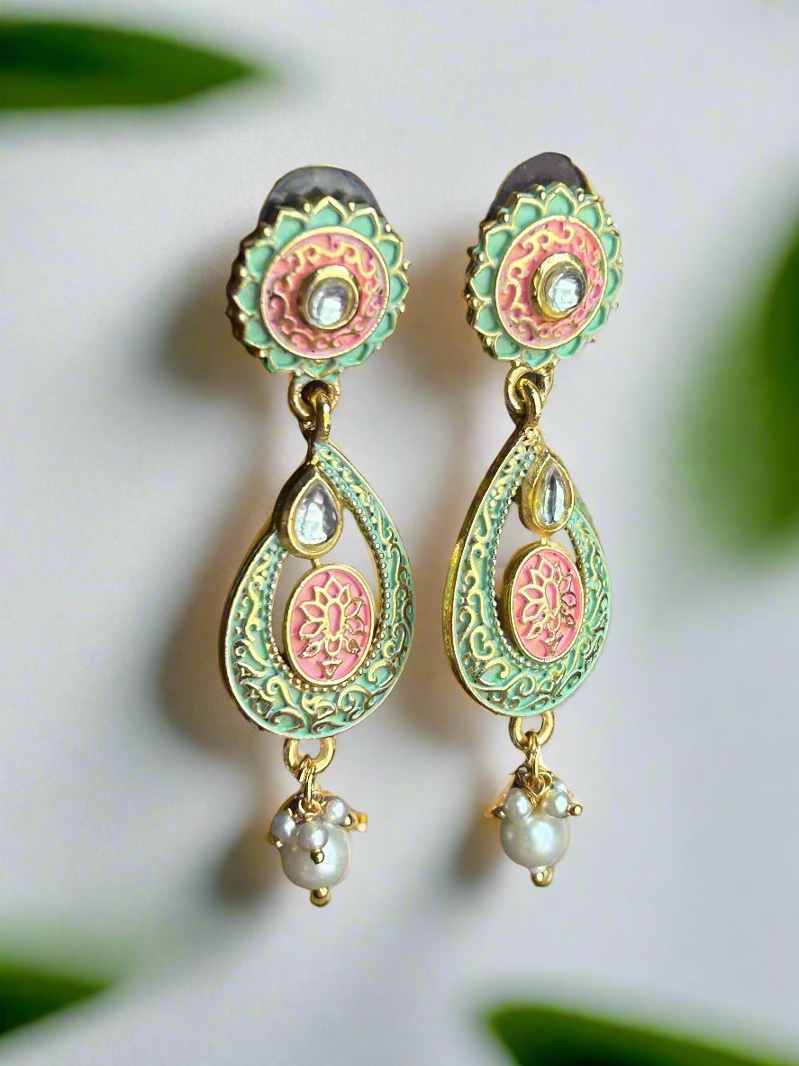 Pink and Green Meenakari Dangler Earrings