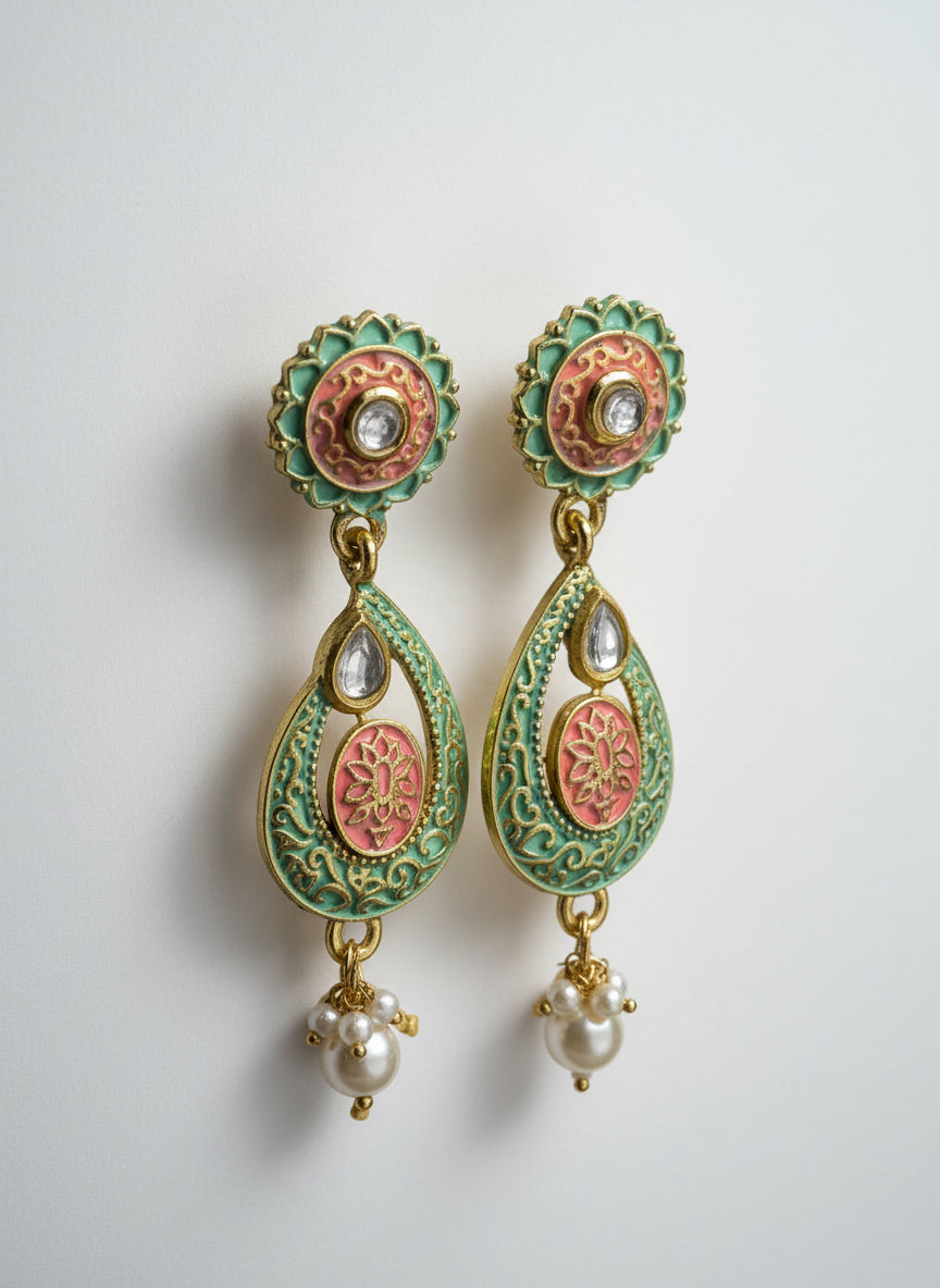 Pink and Green Meenakari Dangler Earrings