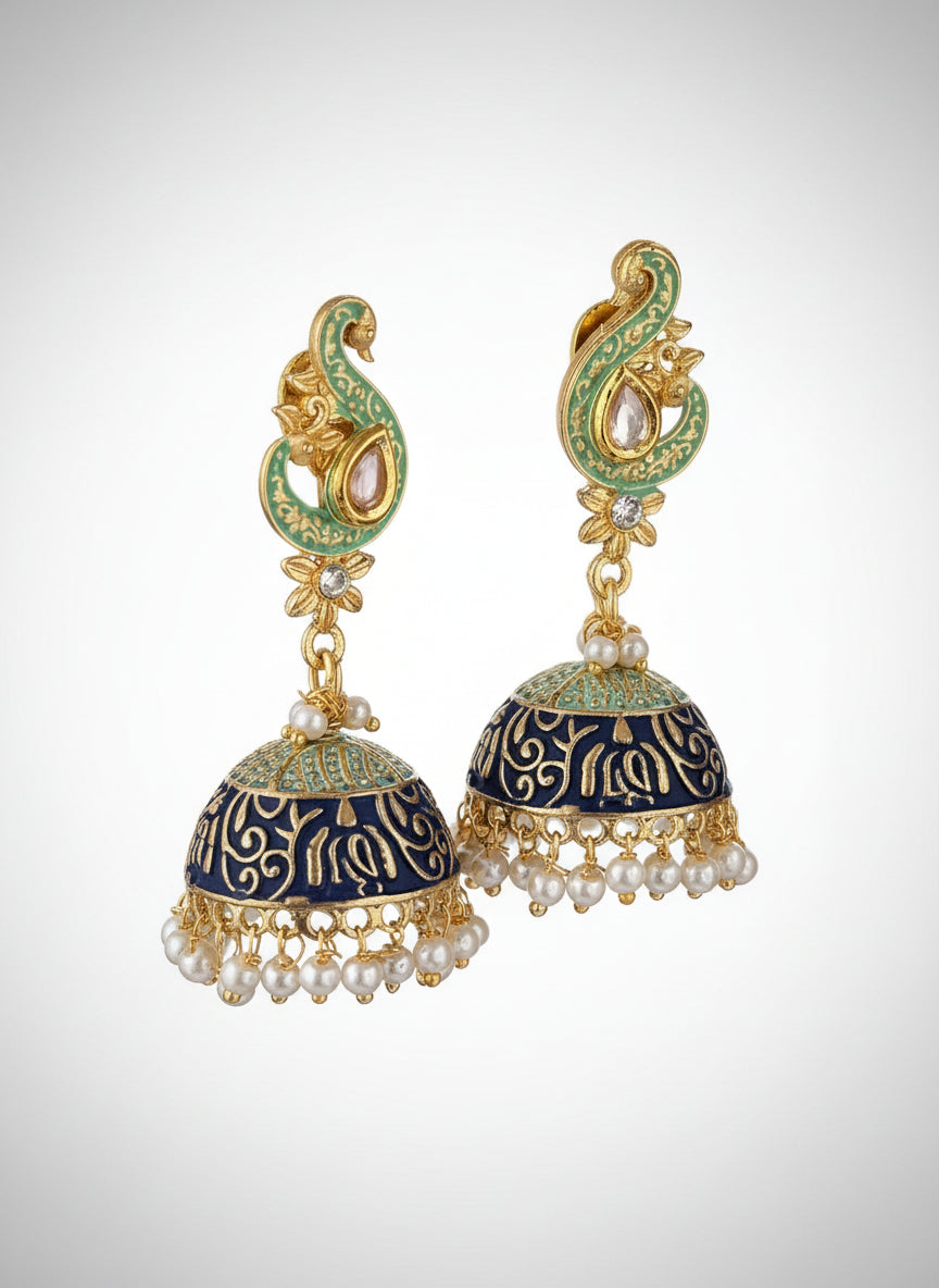Meenakari jhumkis with Polki and Cluster Pearls