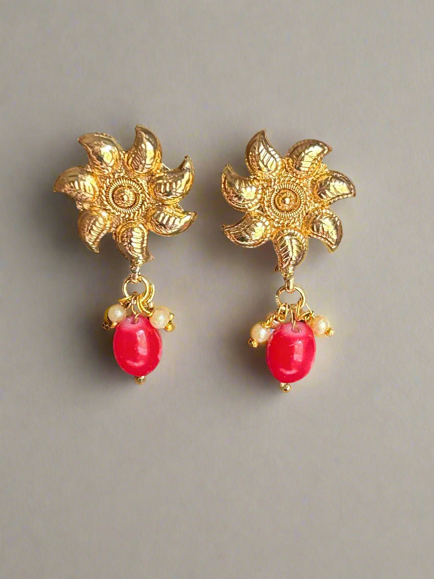 Gold Plated Stud Earrings with Ruby Danglers