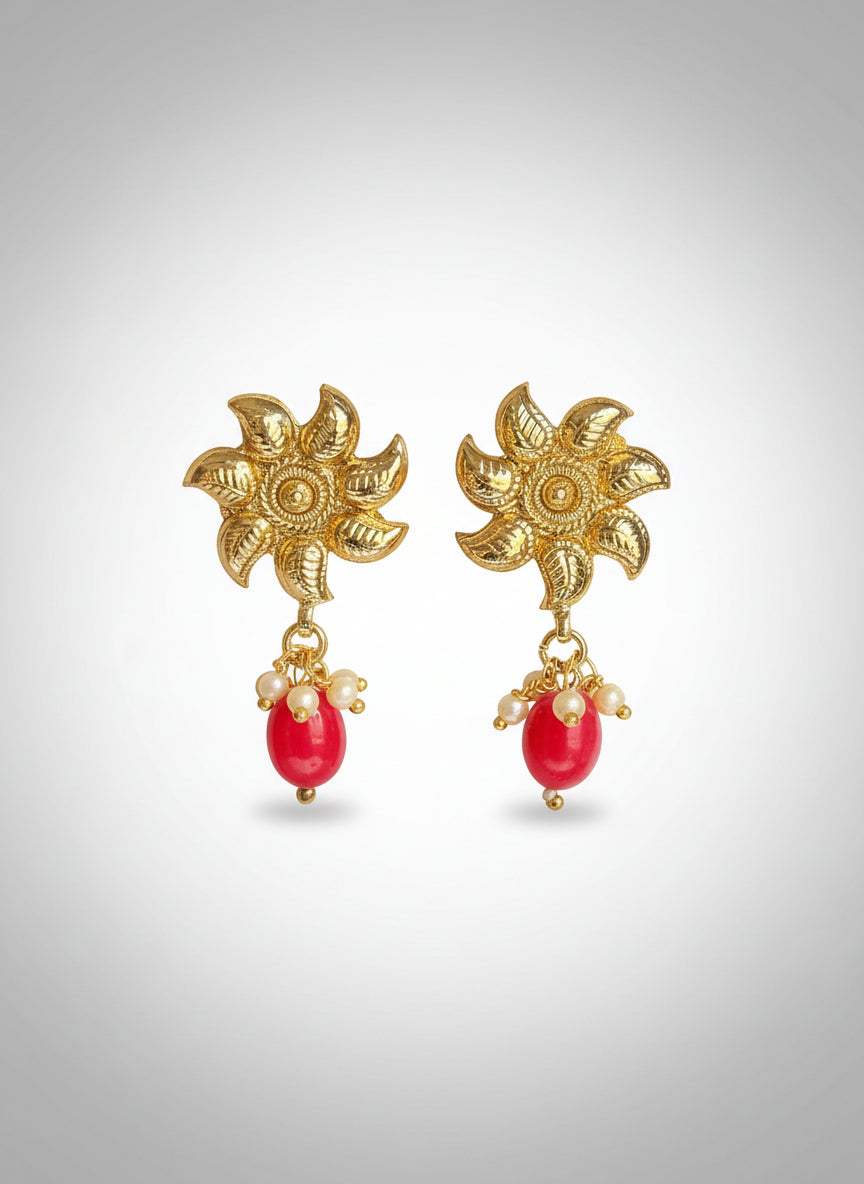 Gold Plated Stud Earrings with Ruby Danglers