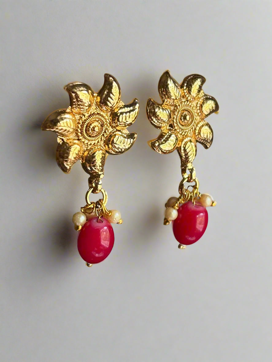 Gold Plated Stud Earrings with Ruby Danglers