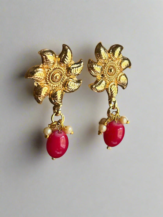 Gold Plated Stud Earrings with Ruby Danglers
