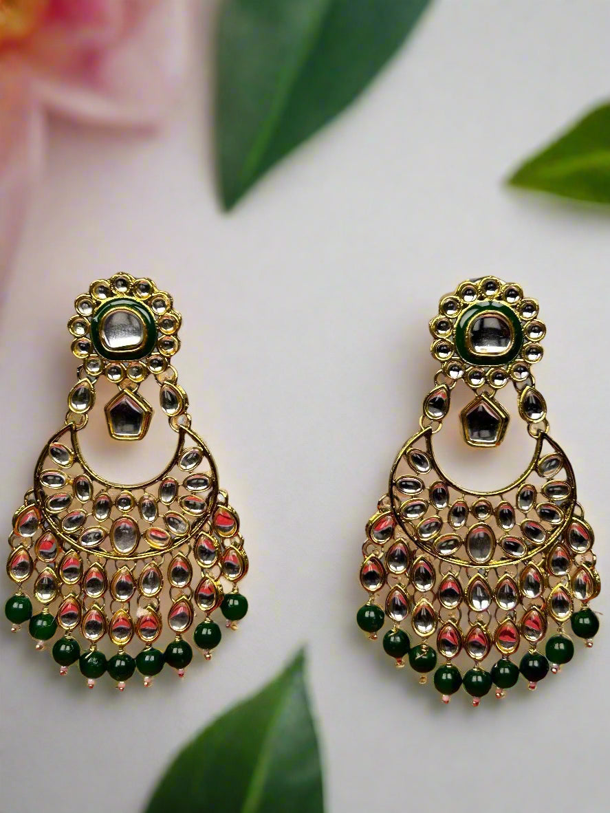 Kundan Chandbali with Green Beads