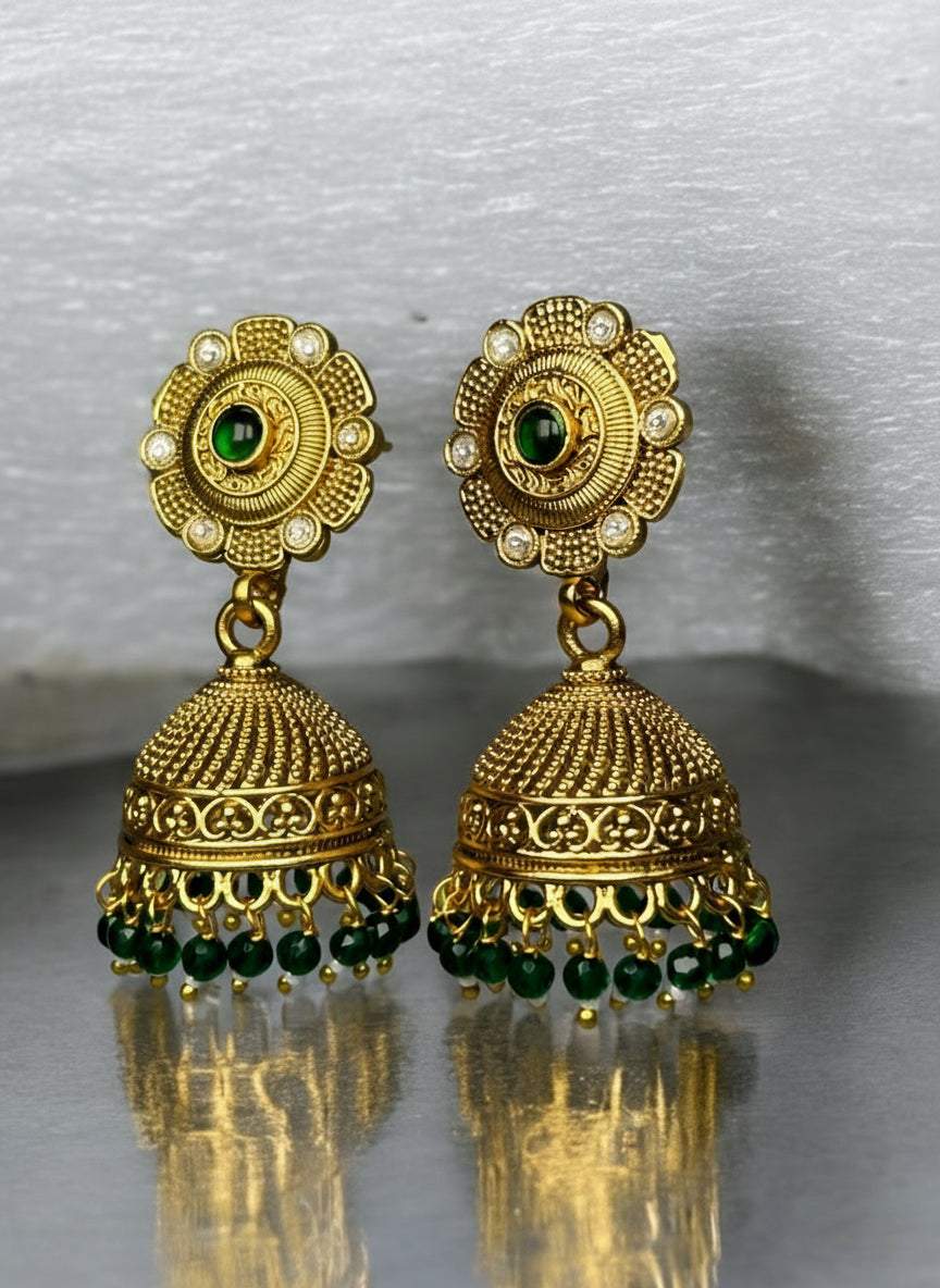 Gold Jhumkis with AD and Emerald Beads