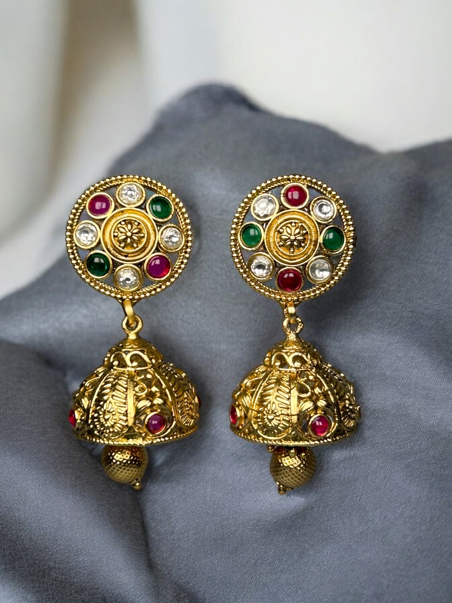 Gold Jhumkis with Colourful Stones