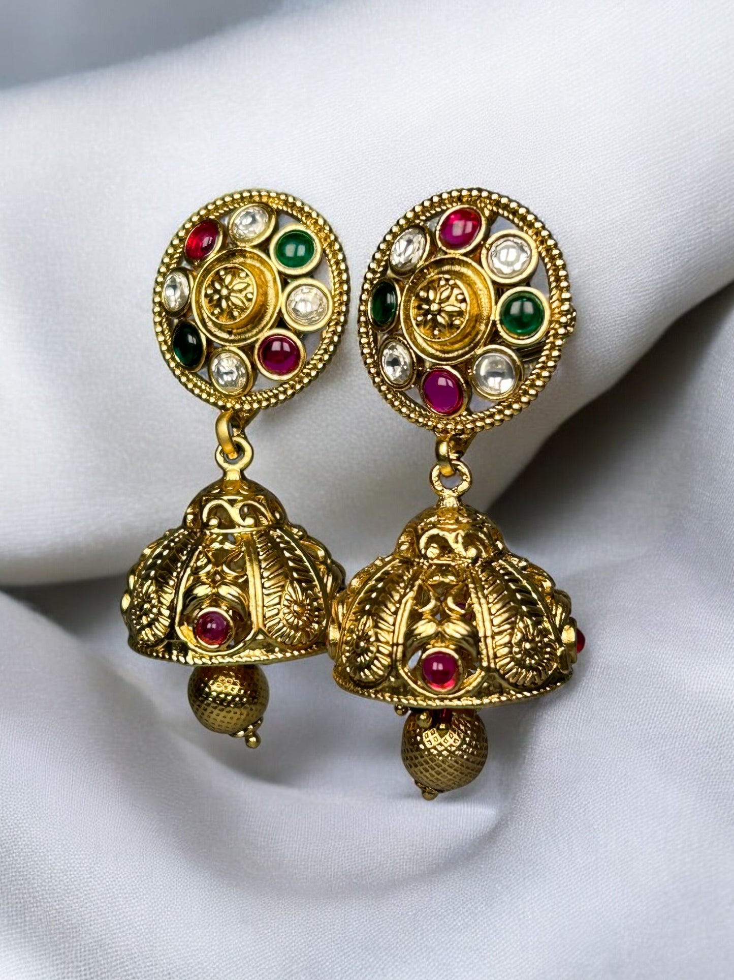 Gold Jhumkis with Colourful Stones