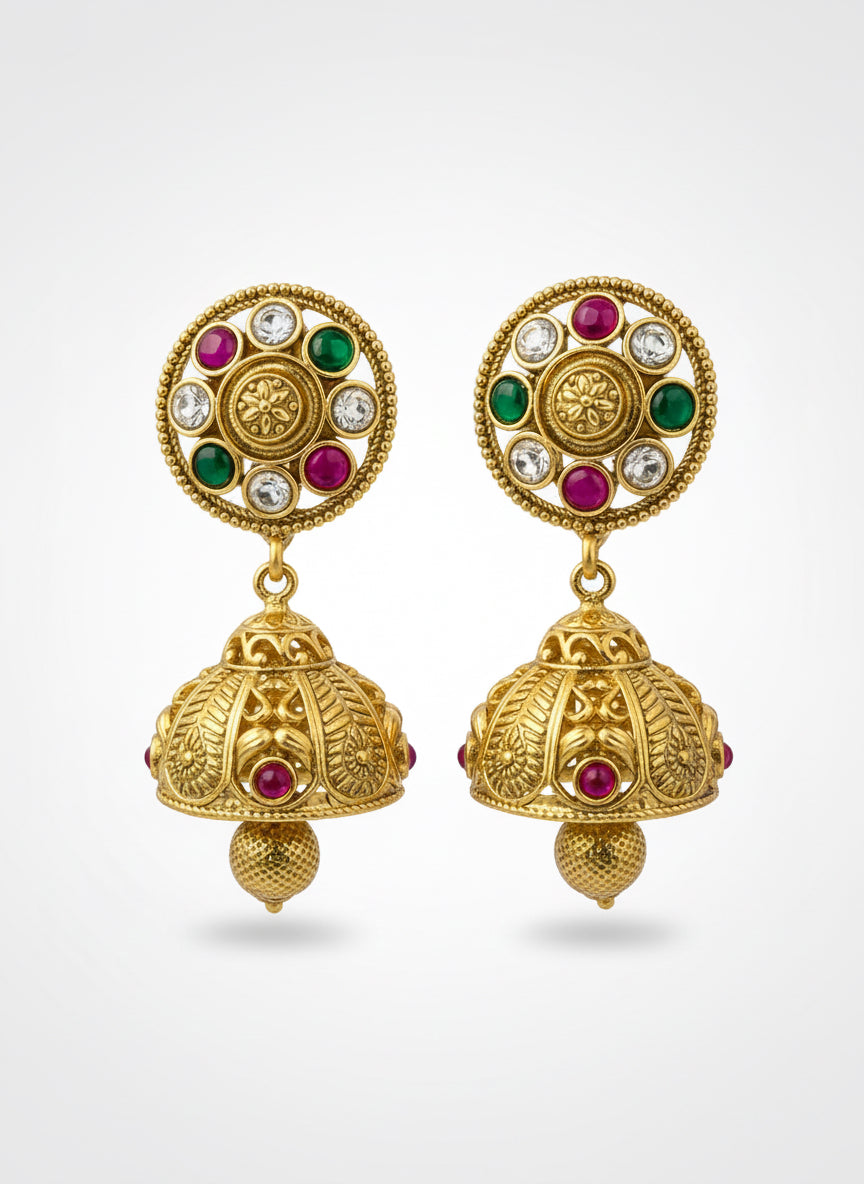 Gold Jhumkis with Colourful Stones