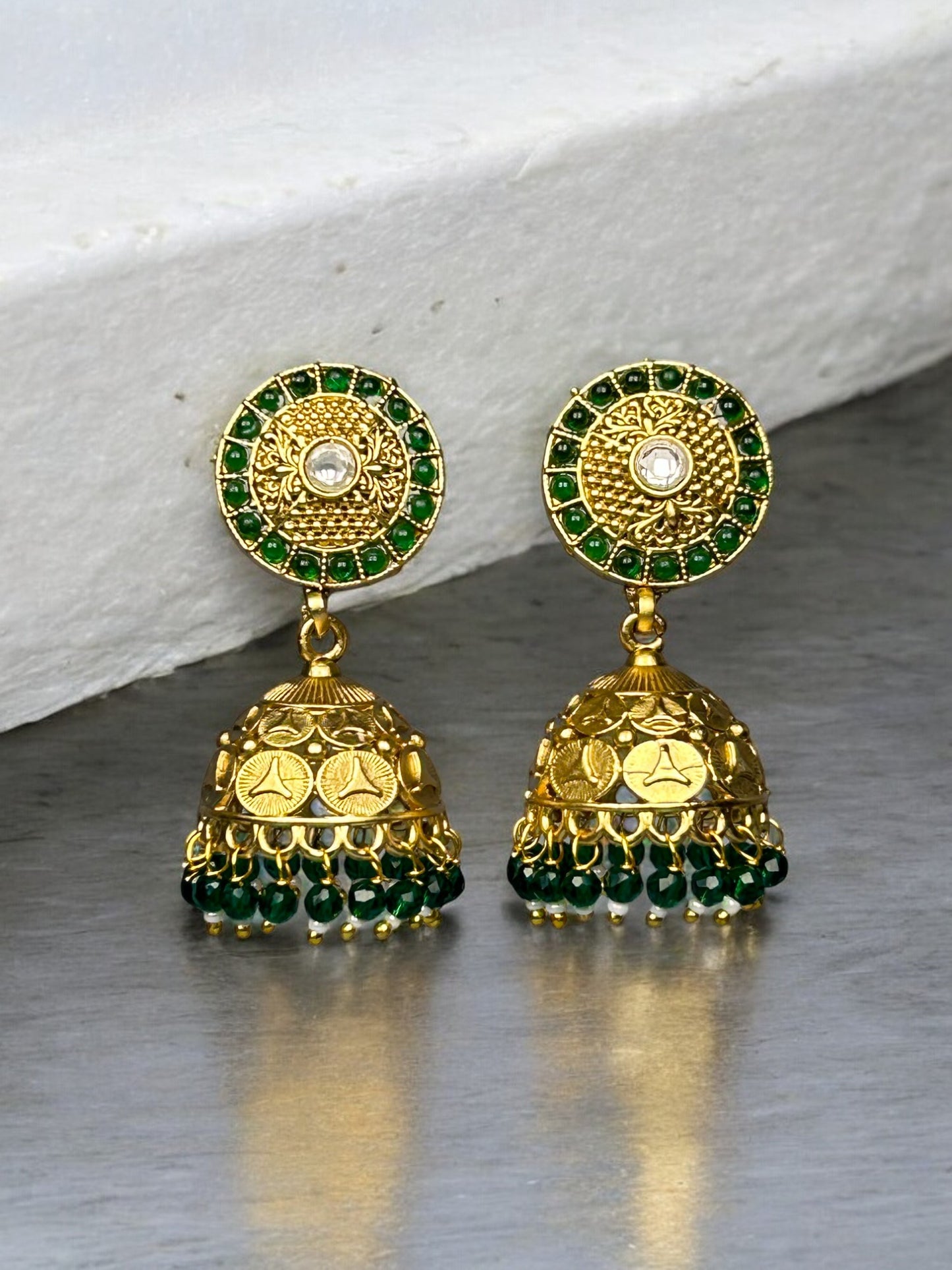 Gold Plated Jhumkis with Emerald Beads