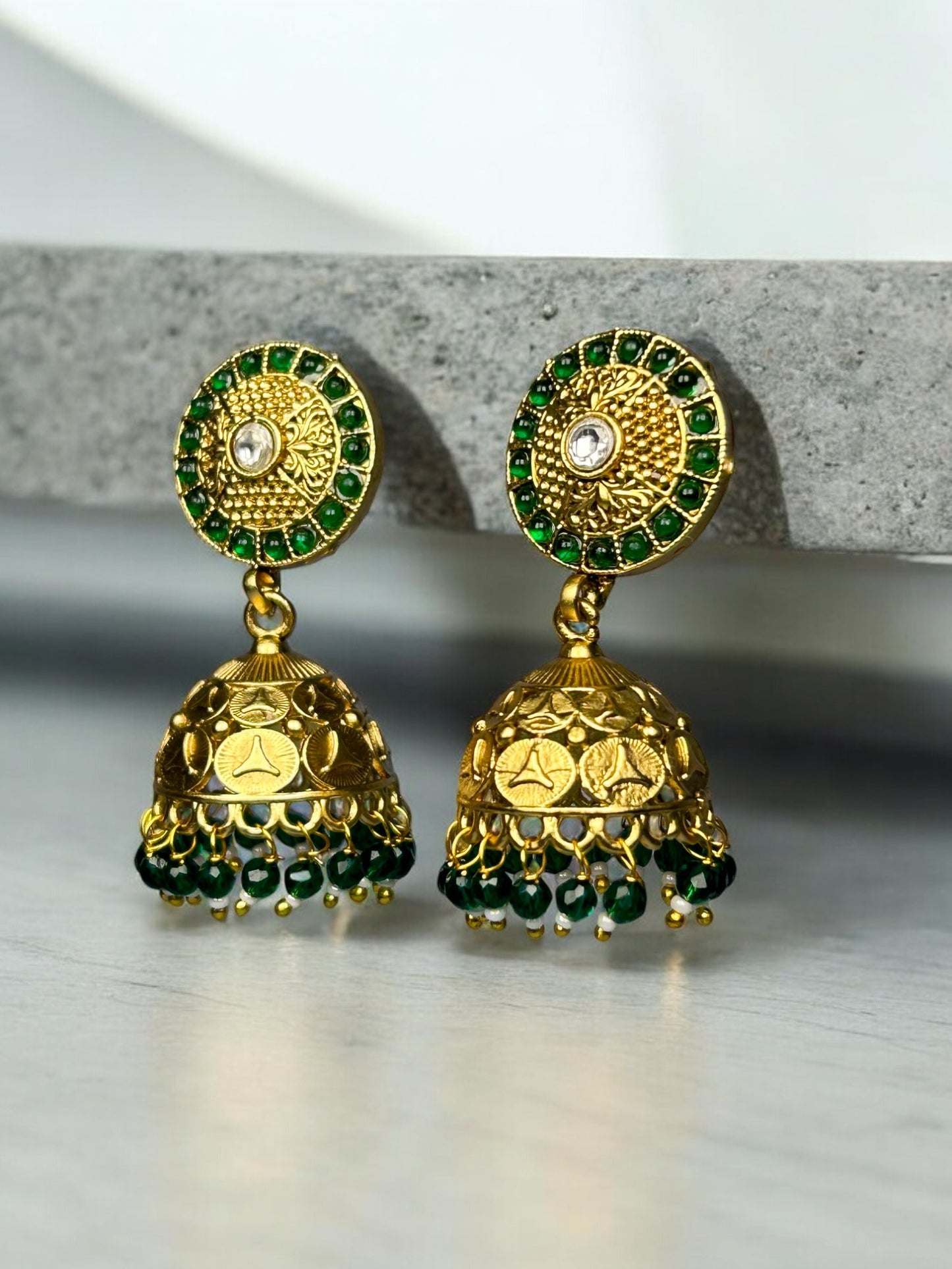 Gold Plated Jhumkis with Emerald Beads