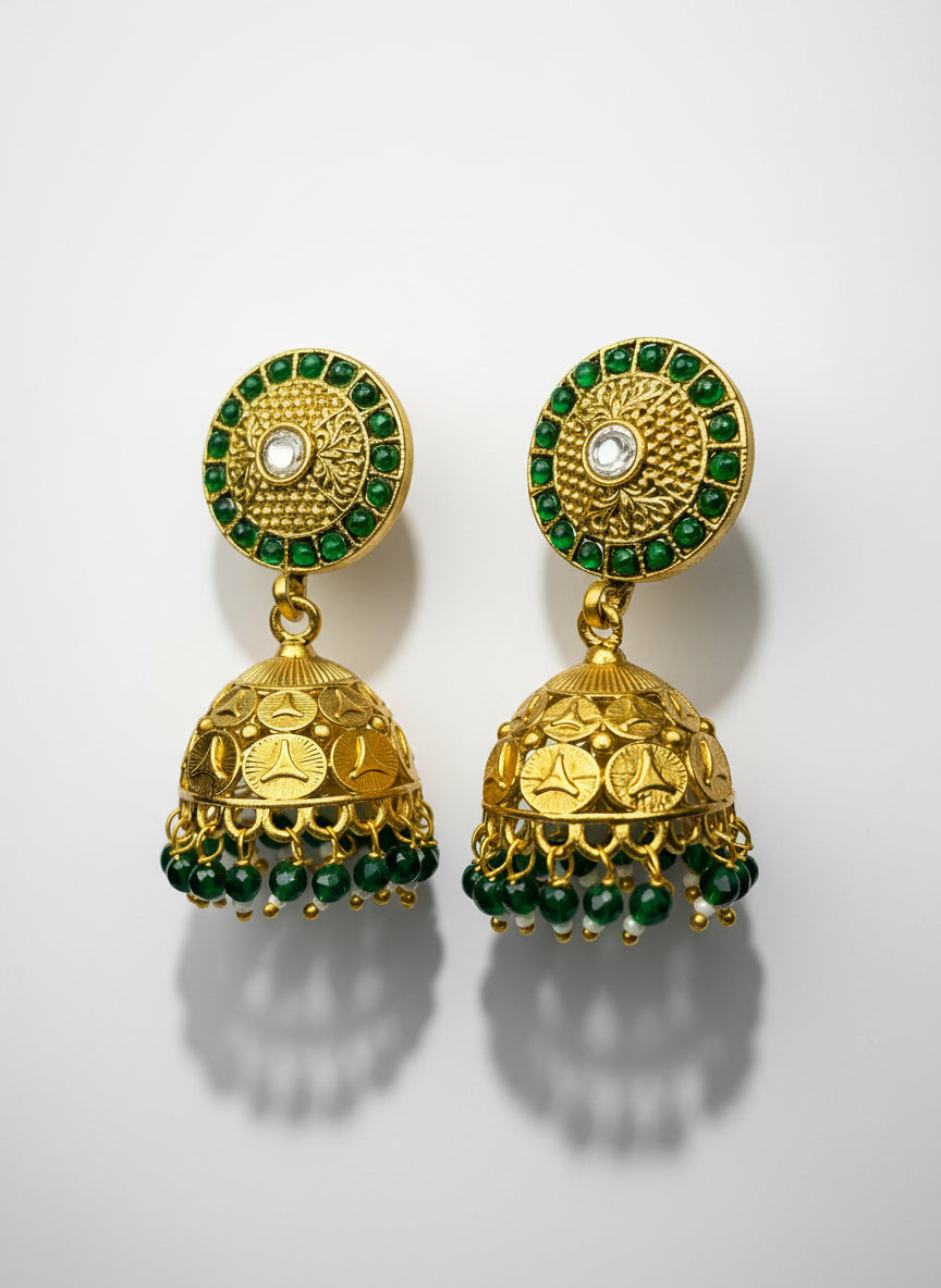 Gold Plated Jhumkis with Emerald Beads