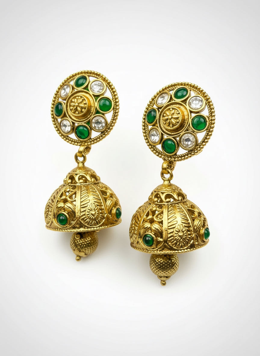 Gold Jhumkas with AD and Emerald